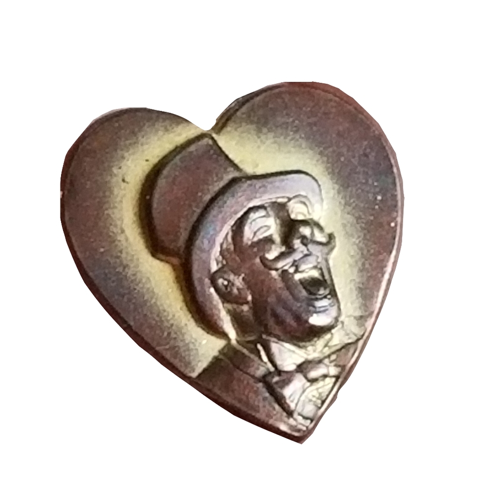 Vintage pin man in a top hat heart tiny brooch lapel singing shouting yell